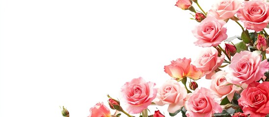 Fototapeta premium Pink rose flowers in a corner floral arrangement set against a white background. with copy space image. Place for adding text or design
