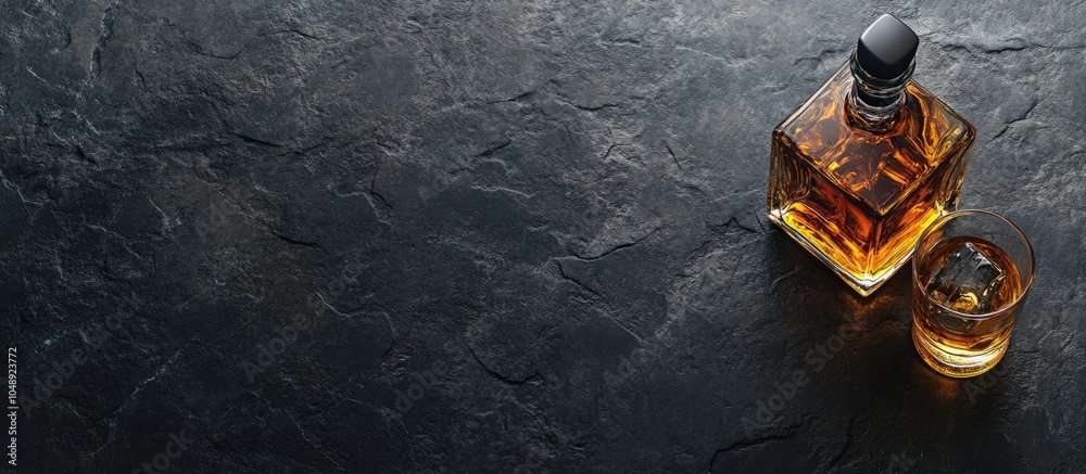 Aufkleber Scotch whiskey or whisky in a bottle and glass isolated on a black stone or dark background from above. with copy space image. Place for adding text or design
