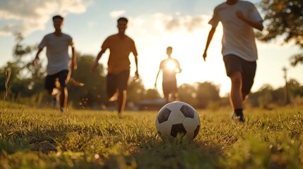 Obraz premium Friends playing football in a field, laughing and enjoying a sunny Sunday, Sunday sports, weekend fun