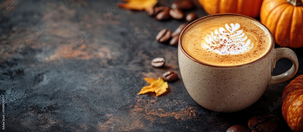 Poster Autumn pumpkin latte coffee on a dark background. with copy space image. Place for adding text or design