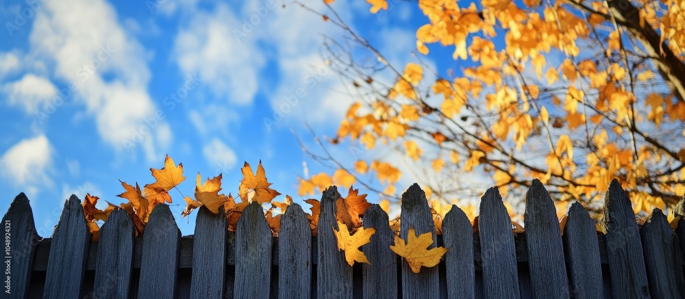 Aufkleber autumn has ended fallen yellow maple leaves are stuck on the fence and hanging creating a lovely aut