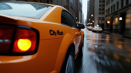 City Rush: A yellow car speeds through a bustling urban environment, capturing the energy and...