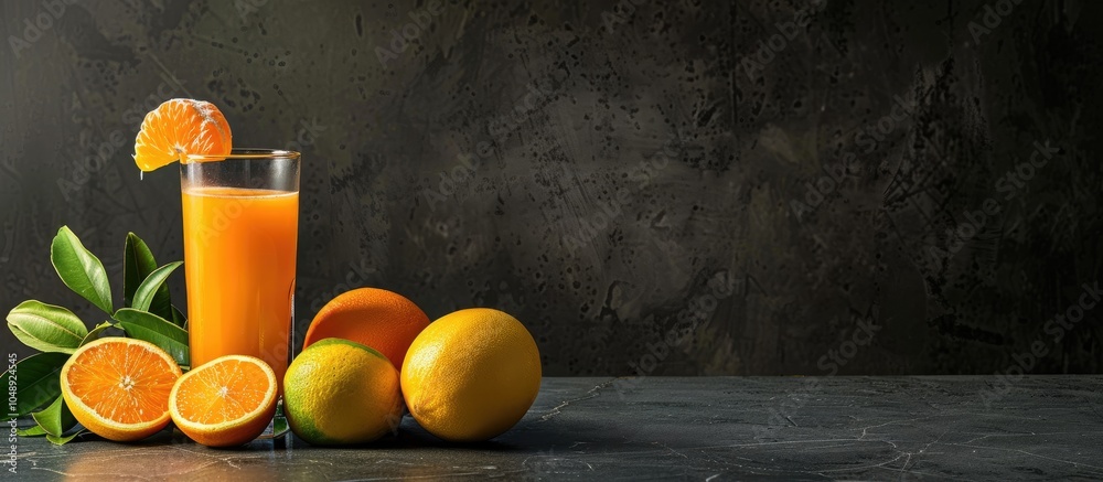 Aufkleber A glass of fruit juice accompanied by fresh citrus fruits. with copy space image. Place for adding text or design