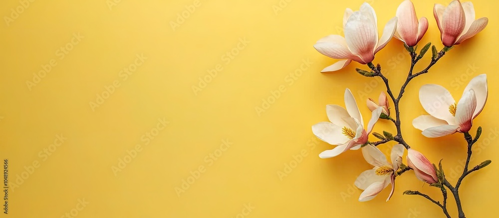 Aufkleber A lovely branch of white and pink magnolia flowers set against a yellow background with copy space and a top view flat lay arrangement Spring blooms Vertical banner