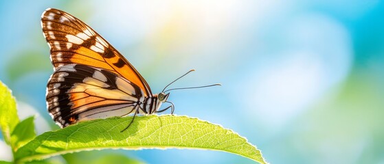  A tight shot of a butterfly atop a green leaf against a backdrop of a blue sky