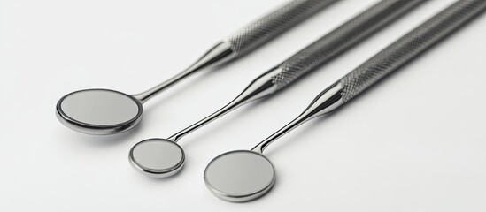 Dental instruments a set featuring mirrors on a white background close up with copy space