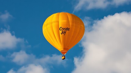Create Joy Hot Air Balloon Soaring Through Clouds: A vibrant yellow hot air balloon with the inscription "Create Joy" glides gracefully through a picturesque sky, evoking feelings of freedom.