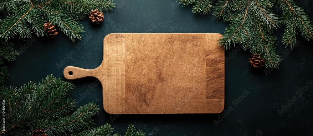Poster cutting board surrounded by spruce branches kitchen christmas decor dark backdrop. with copy space i