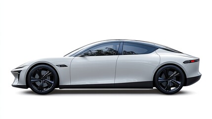 Naklejka premium A side view of an electric car concept on a pure white background, emphasizing its eco-friendly design and sleek, modern aesthetic.