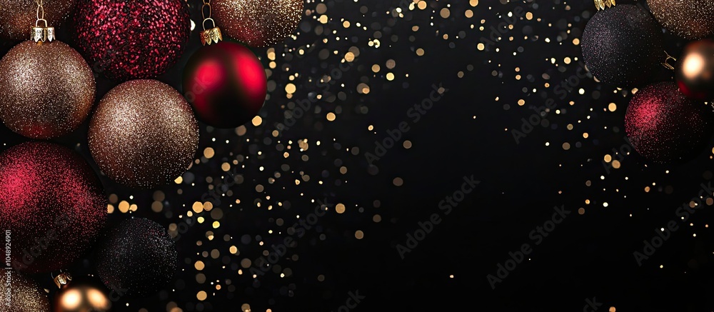 Aufkleber Red and gold glitter ornaments on a black background for a simple Christmas banner or card graphic There is space for copy and text within the design