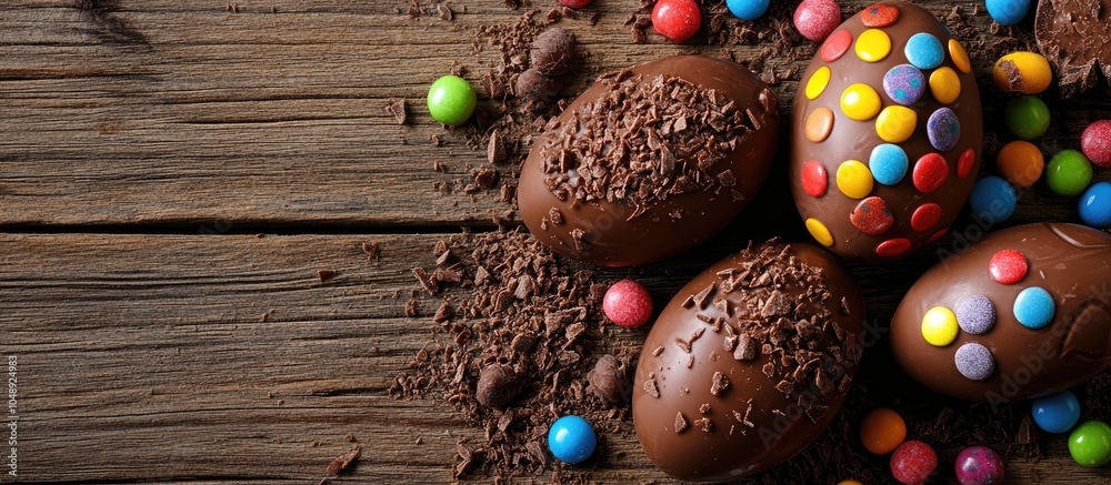 Leinwandbilder chocolate easter eggs decorated with colorful candies on a wooden surface. with copy space image. pl
