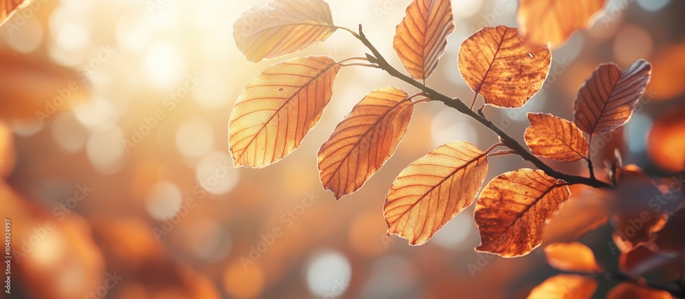 Fototapete close up of autumn colored leaves on a beech tree branch captured backlit. with copy space image. pl