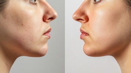 A close-up comparison of a person&acirc;&euro;&trade;s face before and after weight loss, showing changes in facial structure, reduced puffiness, and a more defined jawline