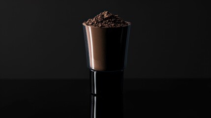 A Glass of Dark Brown Powder on a Black Surface