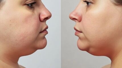 A close-up comparison of a person&acirc;&euro;&trade;s face before and after weight loss, showing changes in facial structure, reduced puffiness, and a more defined jawline
