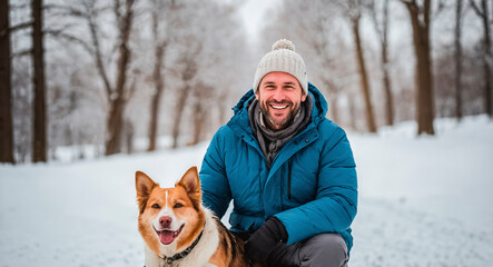 Fototapeta premium Smiling man in a hat and jacket and a dog against the backdrop of a winter landscape