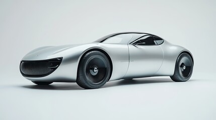 A streamlined car design in silver against a white backdrop, showing off cutting-edge automotive features in a minimalistic presentation.