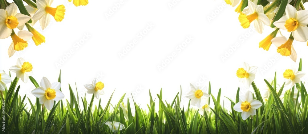 Fototapete Spring background featuring a frame of grass and daffodils in nature Suitable for a white isolated studio background Close up. with copy space image. Place for adding text or design