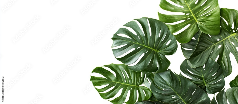Aufkleber Top view of a branch of tropical palm leaves and a swiss cheese plant set against a white background with copy space