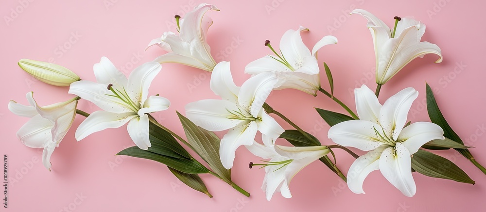 Poster Lovely white lily flowers on a pink background arranged flat Room for text. with copy space image. Place for adding text or design