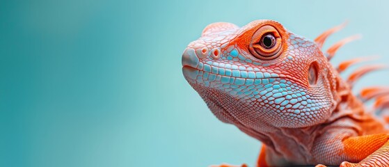 Fototapeta premium A tight shot of a lizard's head, adorned with orange and blue stripes on its body Surrounded by a blue backdrop