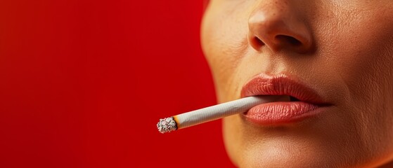 Naklejka premium A woman holds a cigarette between her lips against a red wall background, smoking
