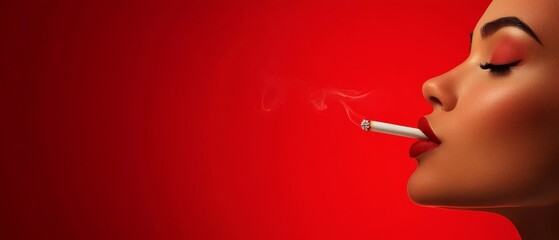  A woman exhales smoke against a red backdrop, holding a cigarette between her lips