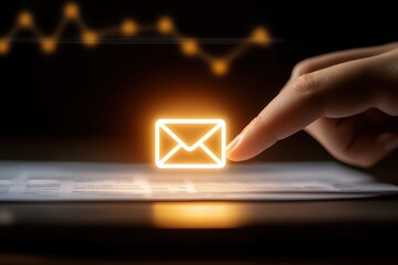 Finger touching an illuminated envelope icon, representing digital communication, with a graph in the background.