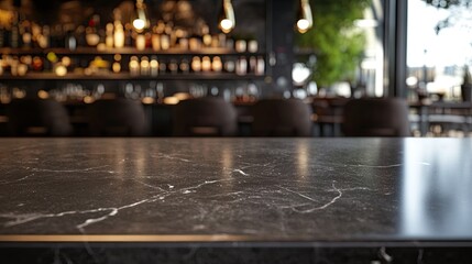 Dark marble countertop in focus, with a cozy, dimly lit restaurant scene blurred in the background. Ideal for product showcase or menu presentation.