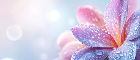 Fototapeta premium A purple flower, close-up, with dewdrops and background of blue sky