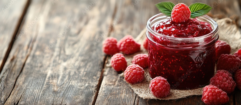 Aufkleber Fresh raspberry jam in a glass jar on a wooden table accompanied by fresh raspberries The idea of homemade jam preserves for winter with selective focus and copyspace