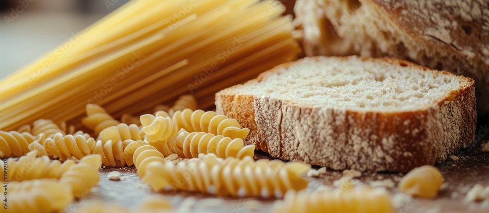 Poster Wheat grains alongside dry pasta and a slice of bread on a wooden surface. with copy space image. Place for adding text or design