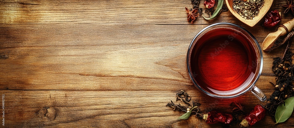 Aufkleber top view of red tea and its ingredients with copyspace on a wooden tabletop
