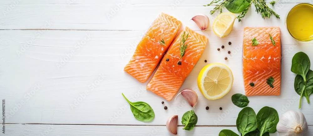 Poster preparing a raw salmon fillet with fragrant herbs garlic lemon and spinach on a white wooden table t