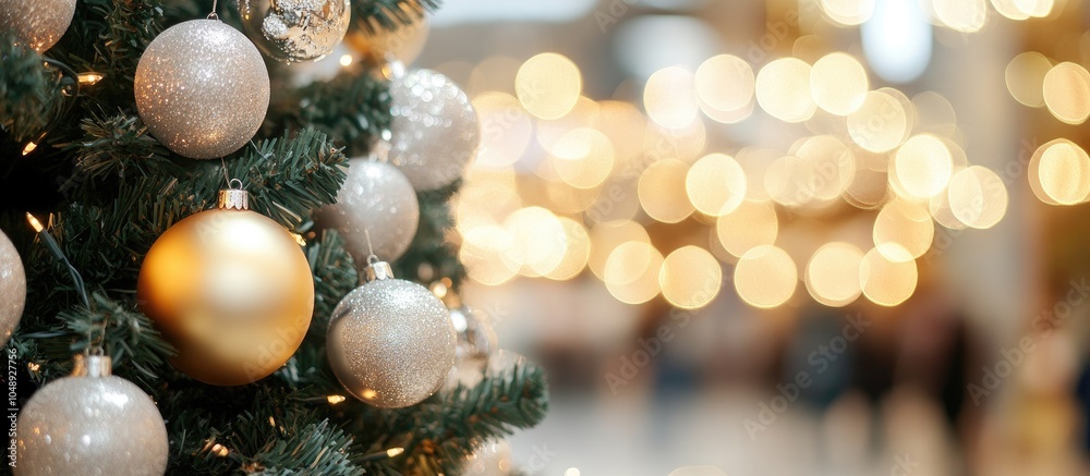 Poster beautiful christmas tree adorned with silver and gold sparkling balls in the department store to cel