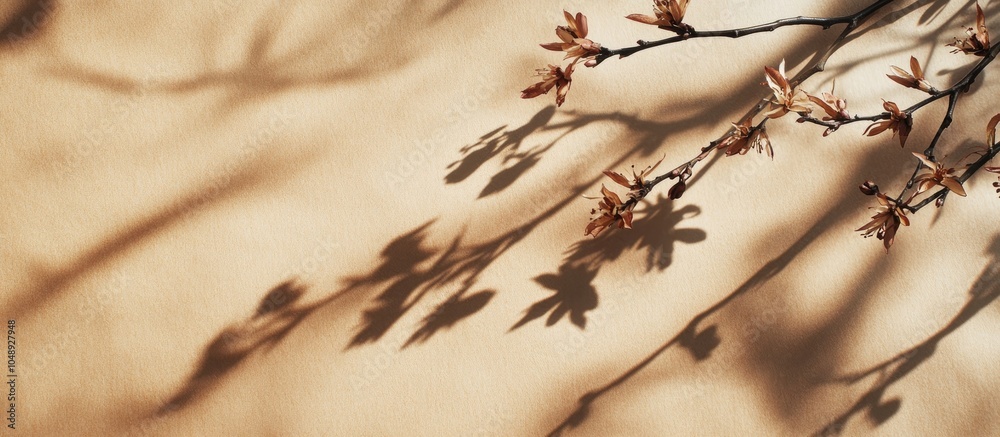 Poster the shadow of flowering willow branches on textured kraft paper concept of a flowering puzzle. with 