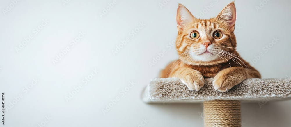 Poster Orange cat sits on a cat tree gazing at the camera against a white background. with copy space image. Place for adding text or design