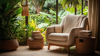 Fototapeta premium A cozy bohemian reading nook with a comfortable armchair