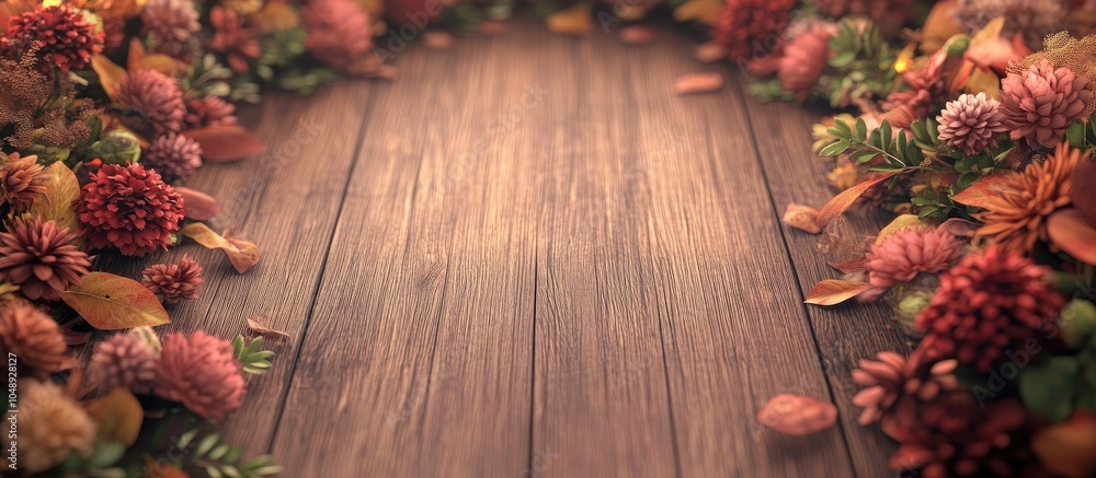 Poster copy space autumn flowers and leaves form a border on a wooden board with the word fall represented 