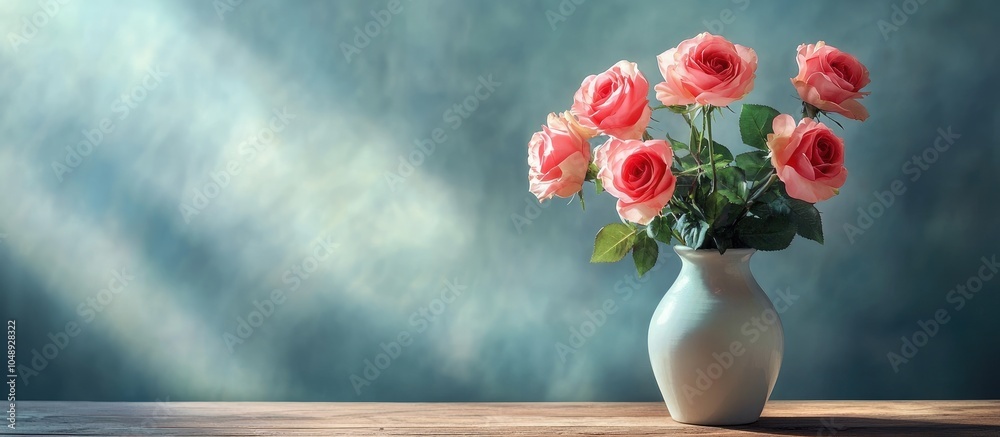 Aufkleber vase containing lovely rose flowers on a colored wooden table. with copy space image. place for addi