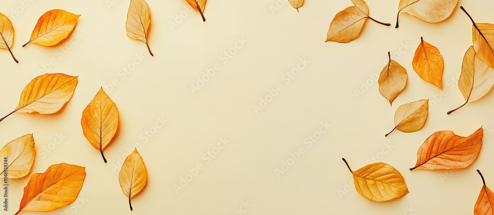 Poster top view of golden fall leaves on a pastel background flat lay minimalist autumn concept innovative 