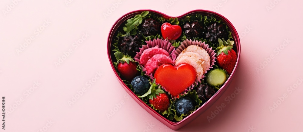 Aufkleber Box featuring a heart shaped bento cake on a pink background Celebration of Valentine s Day. with copy space image. Place for adding text or design