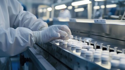 Fototapeta premium A gloved hand places a cap on a pharmaceutical bottle on a conveyor belt.
