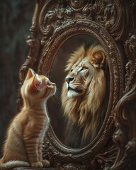 Small kitten looking into a mirror and seeing a lion reflection. Self-confidence