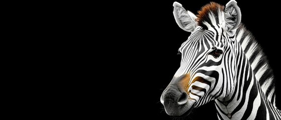  A tight shot of a zebra's head against a black backdrop, revealing just its face