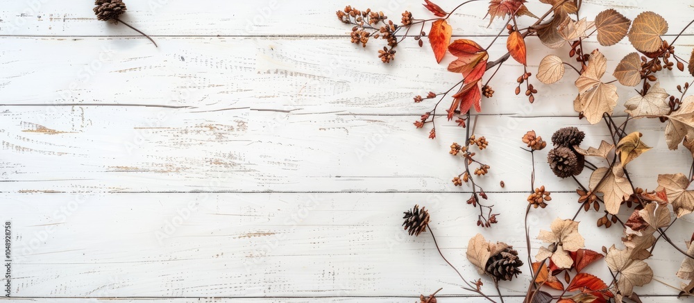 Aufkleber dried autumn plants on white wood. with copy space image. place for adding text or design