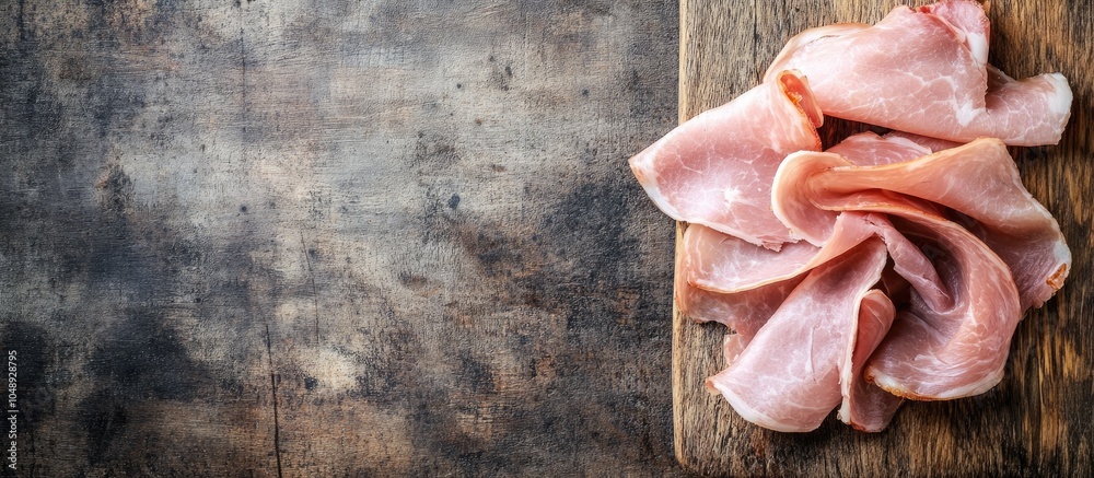 Poster Thin slices of pork ham resting on a wooden kitchen table Gray backdrop Top view. with copy space image. Place for adding text or design