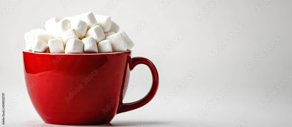 Fototapete New year theme Close up of a red cup filled with marshmallows against a white background. with copy space image. Place for adding text or design