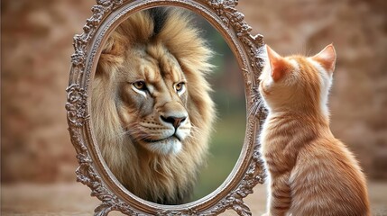 Small kitten looking into a mirror and sees itself as a lion. Self-confidence