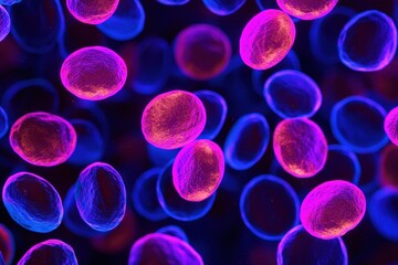 Cosmic-inspired cell formations with glowing orange centers, surrounded by flowing blue and magenta textures, creating an abstract and organic visual